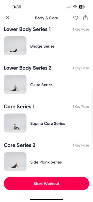 A list of Body 7 Core classes on the SWEAT app.