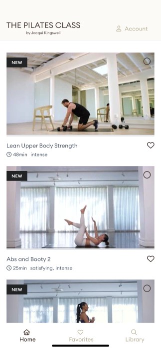 A screenshot of pilate class videos on The Pilates Class app.