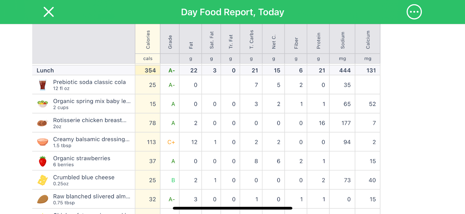 A screenshot of the MyNetDiary app Day Food Report.