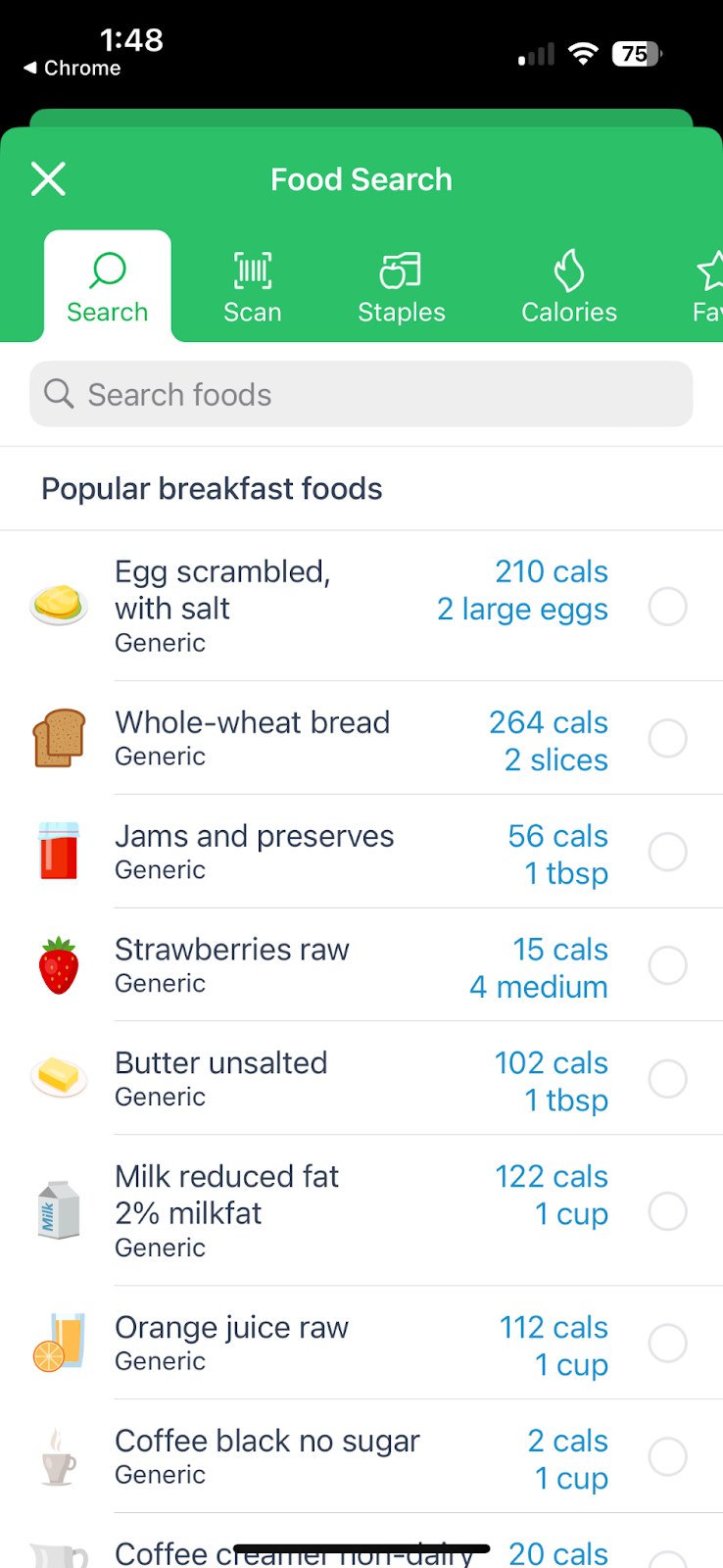 A screenshot of the MyNetDiary app's search results for specific foods. 