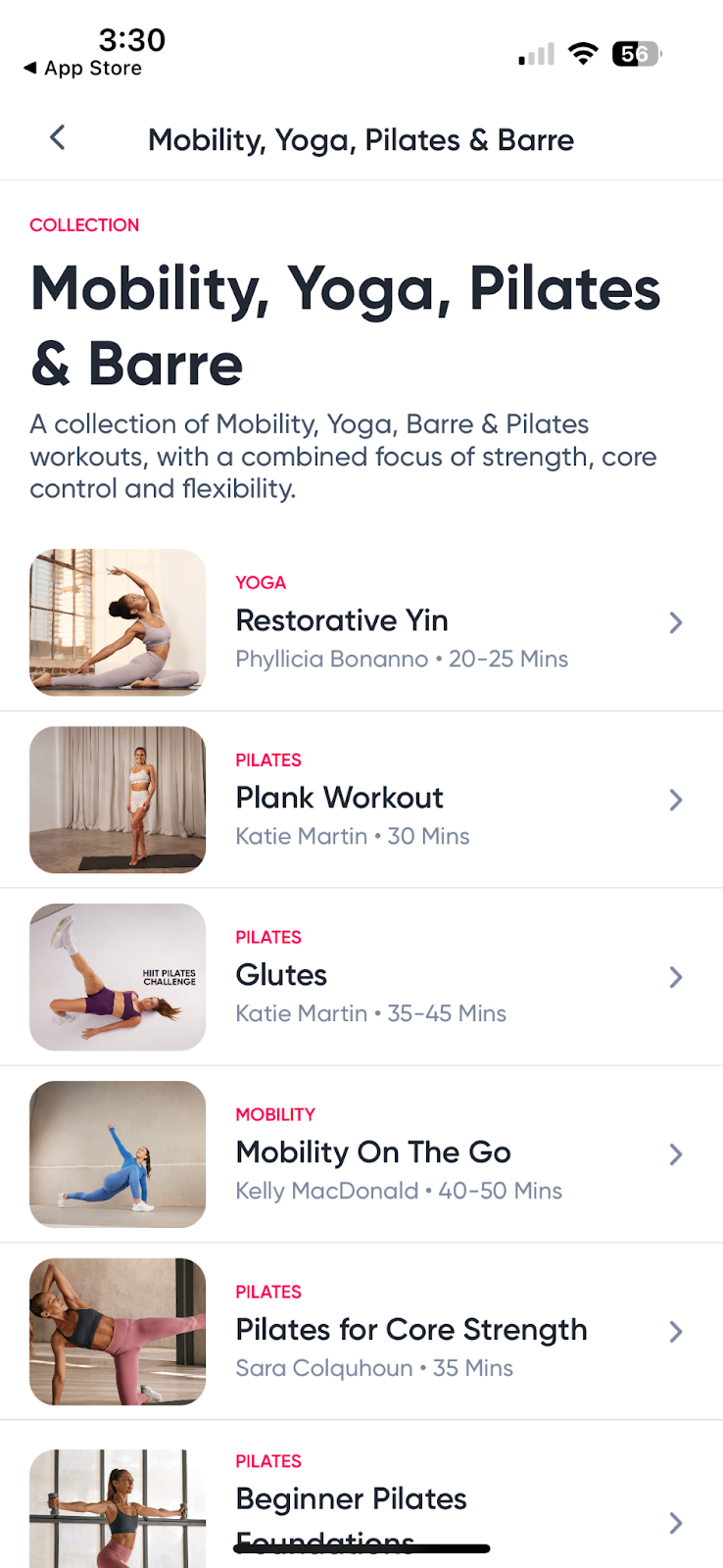 A screenshot of class collections on the SWEAT app.