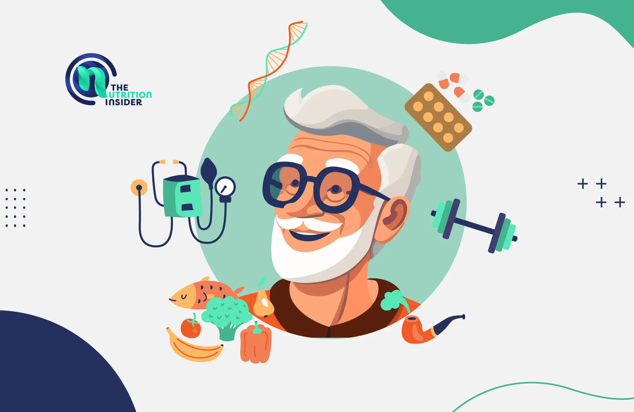 graphic image featuring an elderly man with various icons related to health