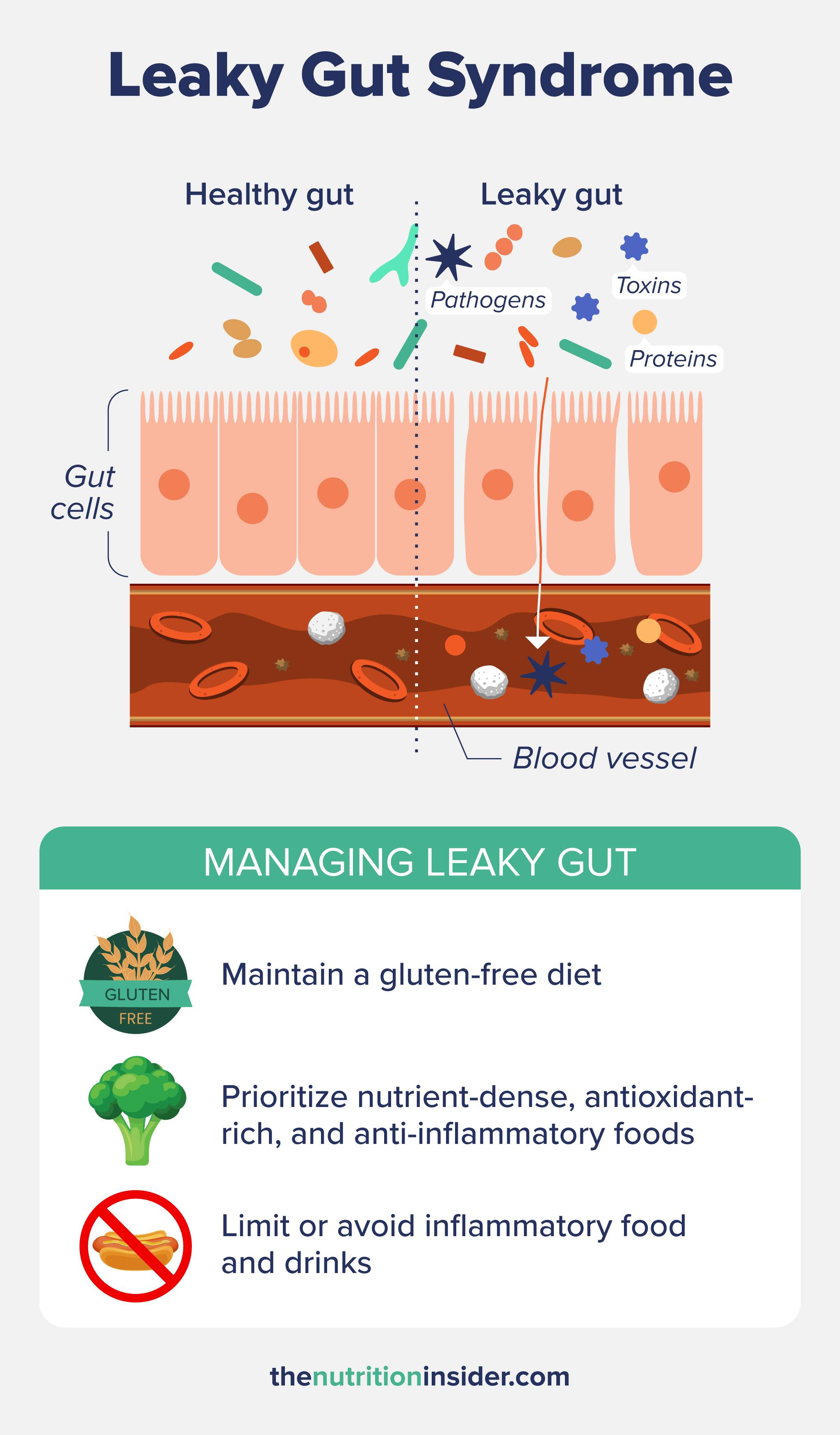 A custom graphic listing the symptoms of leaky gut syndrome and how to manage them.