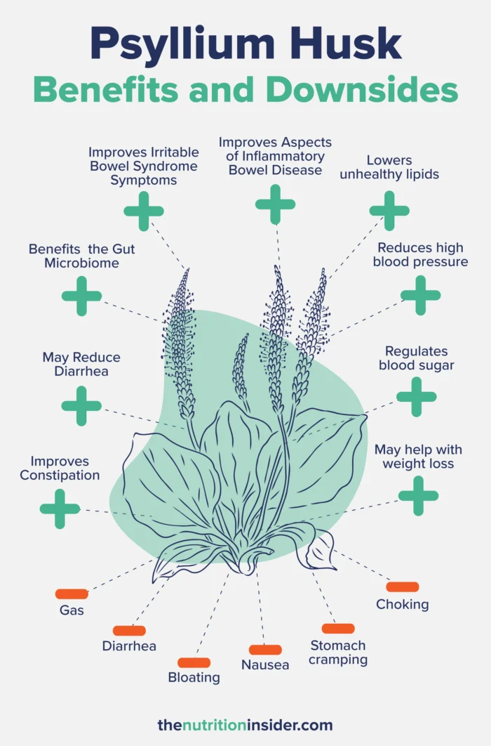 An infographic listing the benefits and downsides of psyllium husk consumption.