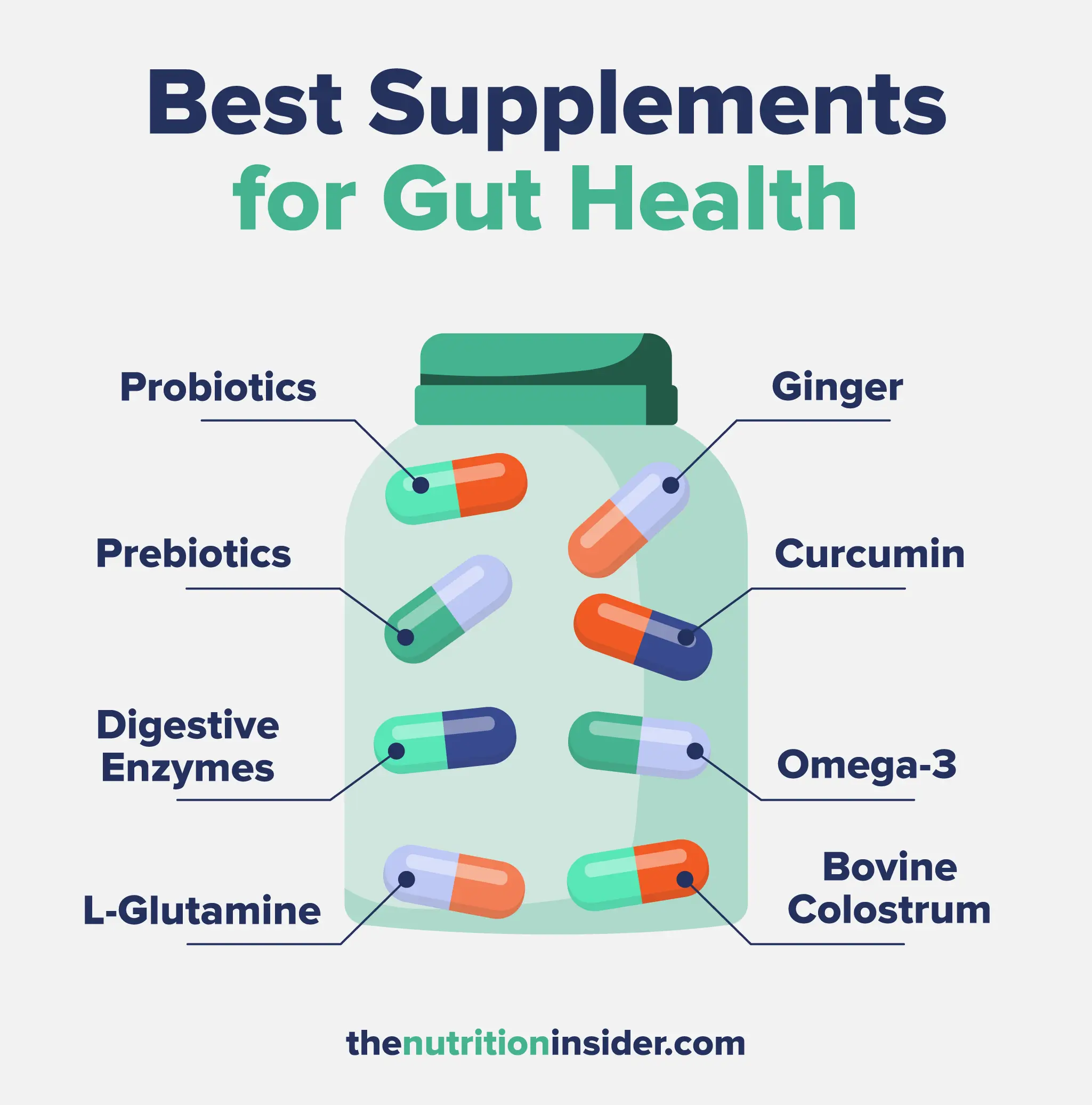 An infographic detailing the eight best supplements for gut health