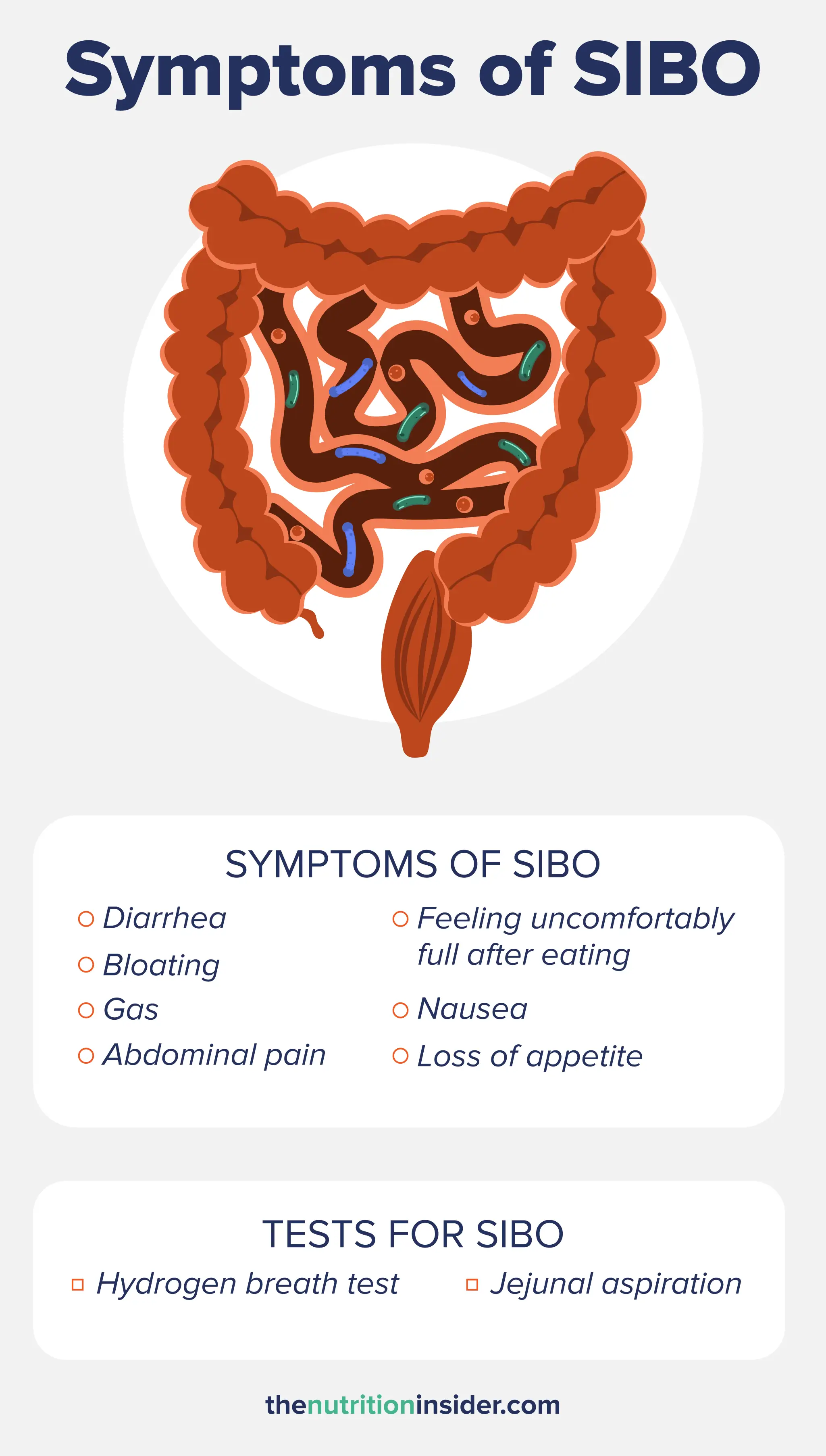 Custom graphic listing symptoms of SIBO and tests for SIBO